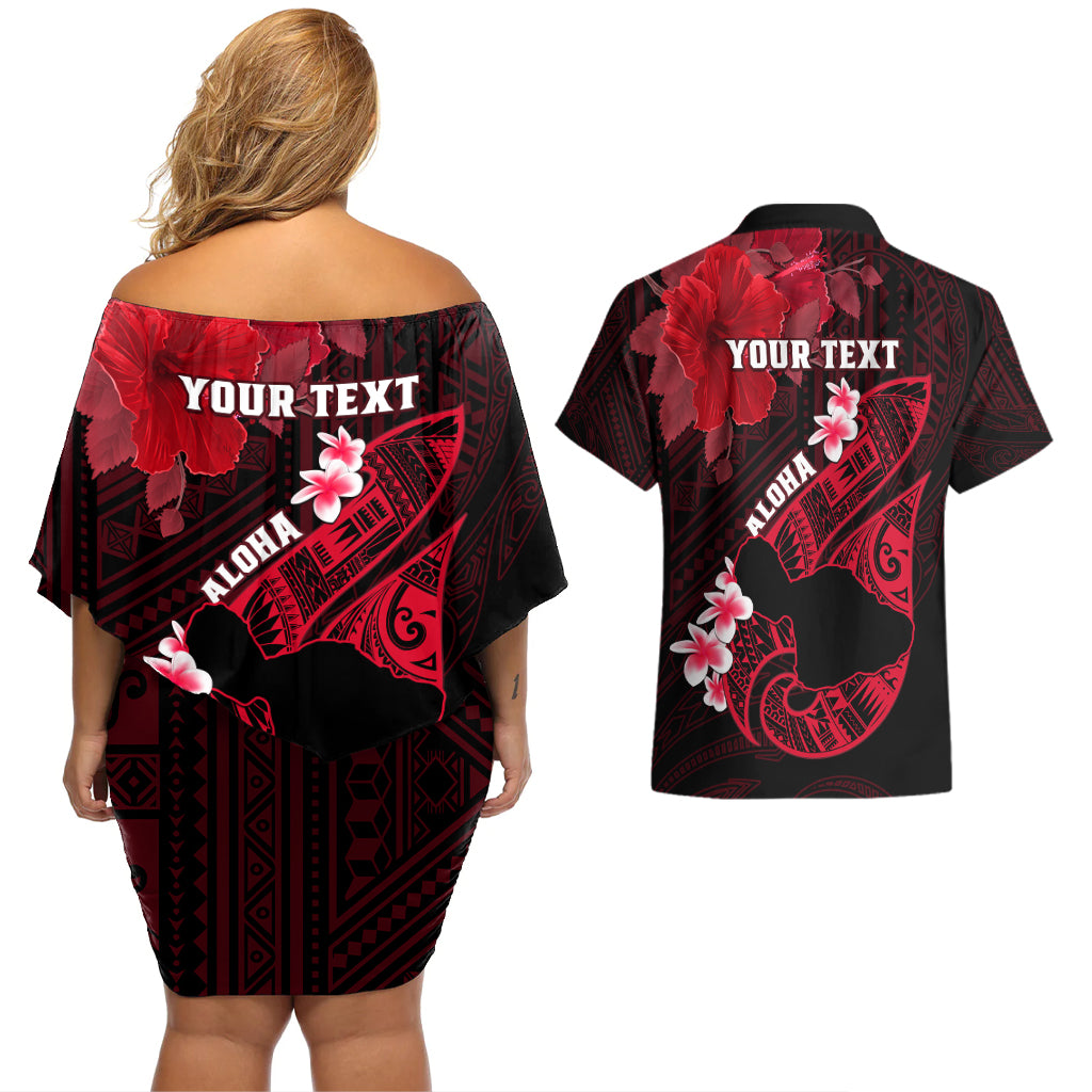 Personalized Hawaii Maui Couples Matching Off Shoulder Short Dress and Hawaiian Shirt Polynesian Fish Hook Hibiscus Red Version LT05 - Polynesian Pride