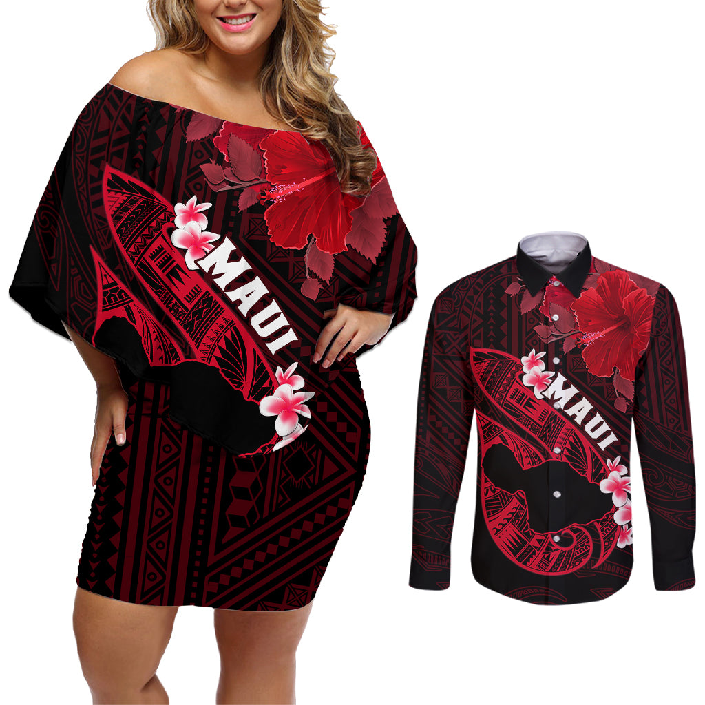 Personalized Hawaii Maui Couples Matching Off Shoulder Short Dress and Long Sleeve Button Shirts Polynesian Fish Hook Hibiscus Red Version LT05 Red - Polynesian Pride