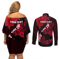 Personalized Hawaii Maui Couples Matching Off Shoulder Short Dress and Long Sleeve Button Shirts Polynesian Fish Hook Hibiscus Red Version LT05 - Polynesian Pride