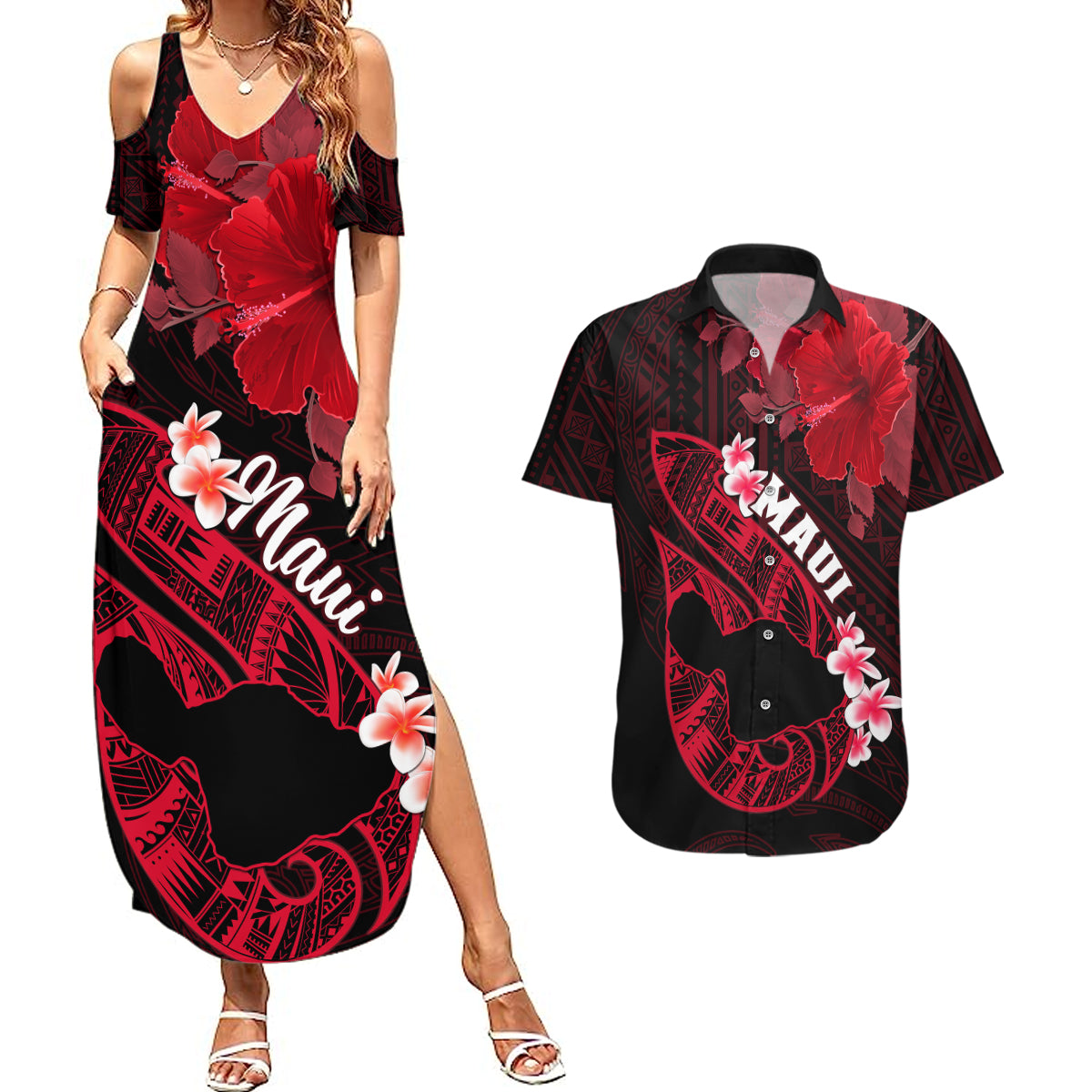 Personalized Hawaii Maui Couples Matching Summer Maxi Dress and Hawaiian Shirt Polynesian Fish Hook Hibiscus Red Version LT05 Red - Polynesian Pride