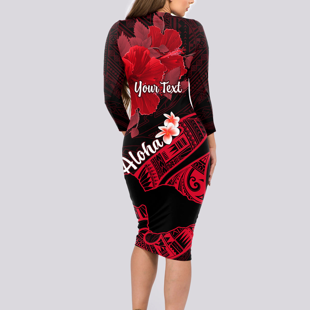 Personalized Hawaii Maui Long Sleeve Bodycon Dress Polynesian Fish Hook Hibiscus Red Version LT05 - Polynesian Pride