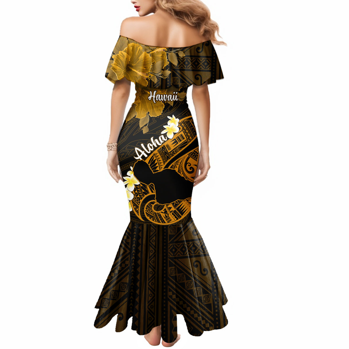 Hawaii Maui Mermaid Dress Polynesian Fish Hook Hibiscus Gold Version LT05 - Polynesian Pride