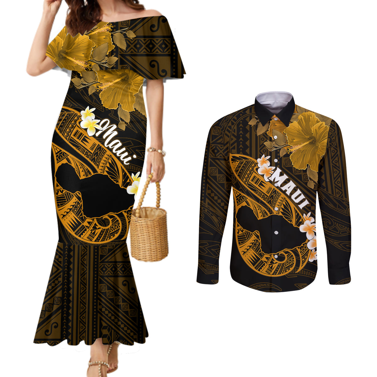 Personalized Hawaii Maui Couples Matching Mermaid Dress and Long Sleeve Button Shirts Polynesian Fish Hook Hibiscus Gold Version LT05 Gold - Polynesian Pride