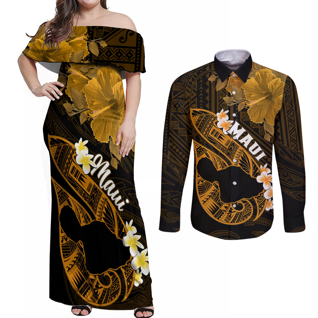 Personalized Hawaii Maui Couples Matching Off Shoulder Maxi Dress and Long Sleeve Button Shirts Polynesian Fish Hook Hibiscus Gold Version LT05 Gold - Polynesian Pride