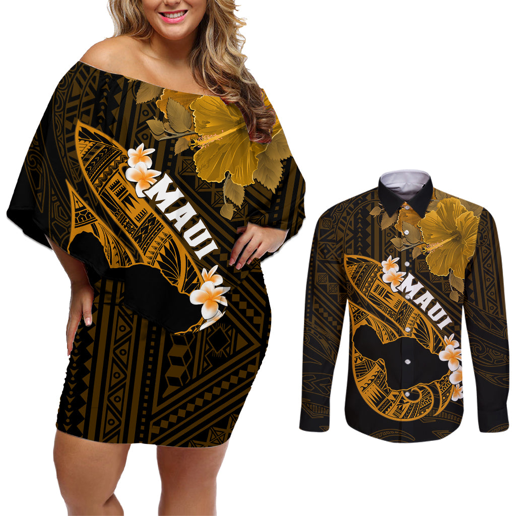 Personalized Hawaii Maui Couples Matching Off Shoulder Short Dress and Long Sleeve Button Shirts Polynesian Fish Hook Hibiscus Gold Version LT05 Gold - Polynesian Pride