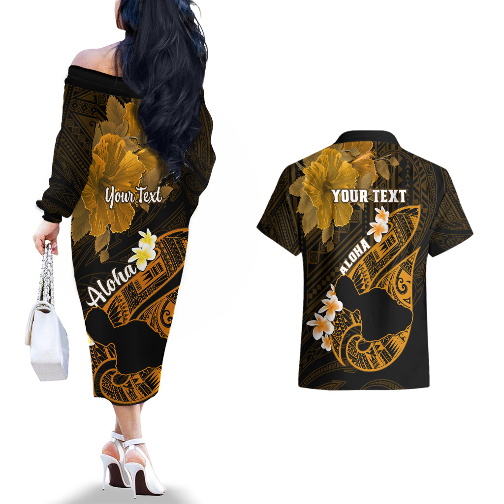Personalized Hawaii Maui Couples Matching Off The Shoulder Long Sleeve Dress and Hawaiian Shirt Polynesian Fish Hook Hibiscus Gold Version LT05 - Polynesian Pride