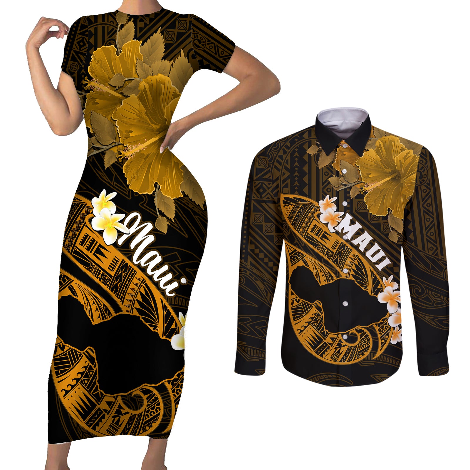 Personalized Hawaii Maui Couples Matching Short Sleeve Bodycon Dress and Long Sleeve Button Shirts Polynesian Fish Hook Hibiscus Gold Version LT05 Gold - Polynesian Pride