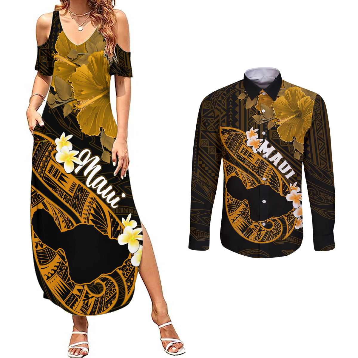 Personalized Hawaii Maui Couples Matching Summer Maxi Dress and Long Sleeve Button Shirts Polynesian Fish Hook Hibiscus Gold Version LT05 Gold - Polynesian Pride