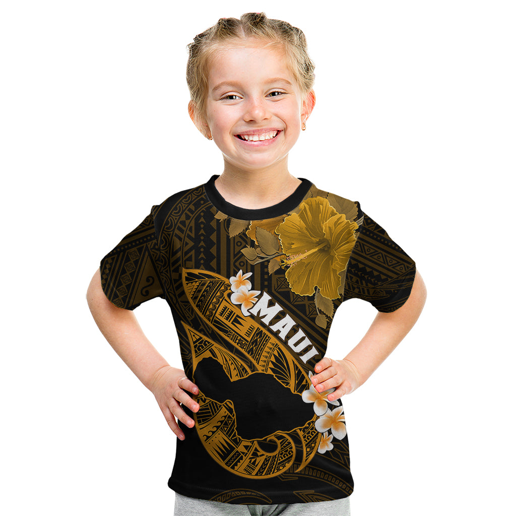 Personalized Hawaii Maui Kid T Shirt Polynesian Fish Hook Hibiscus Gold Version LT05 Gold - Polynesian Pride