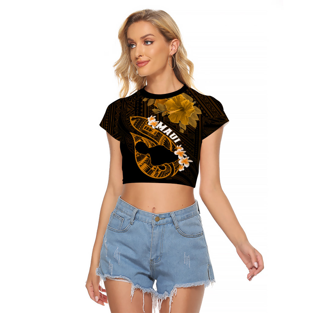 Personalized Hawaii Maui Raglan Cropped T Shirt Polynesian Fish Hook Hibiscus Gold Version LT05 Female Gold - Polynesian Pride
