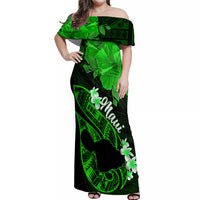 Hawaii Maui Off Shoulder Maxi Dress Polynesian Fish Hook Hibiscus Green Version LT05 Women Green - Polynesian Pride