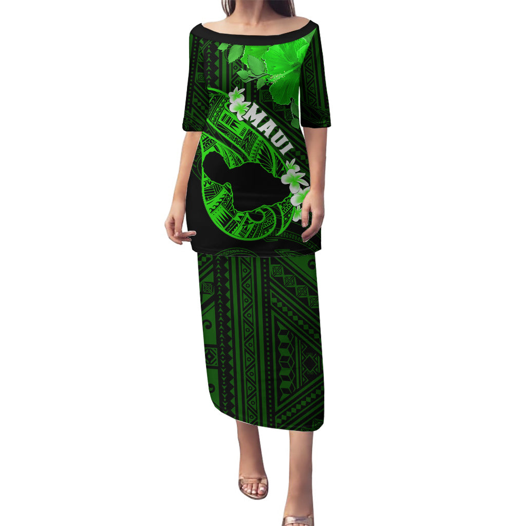 Hawaii Maui Puletasi Polynesian Fish Hook Hibiscus Green Version LT05 Long Dress Green - Polynesian Pride