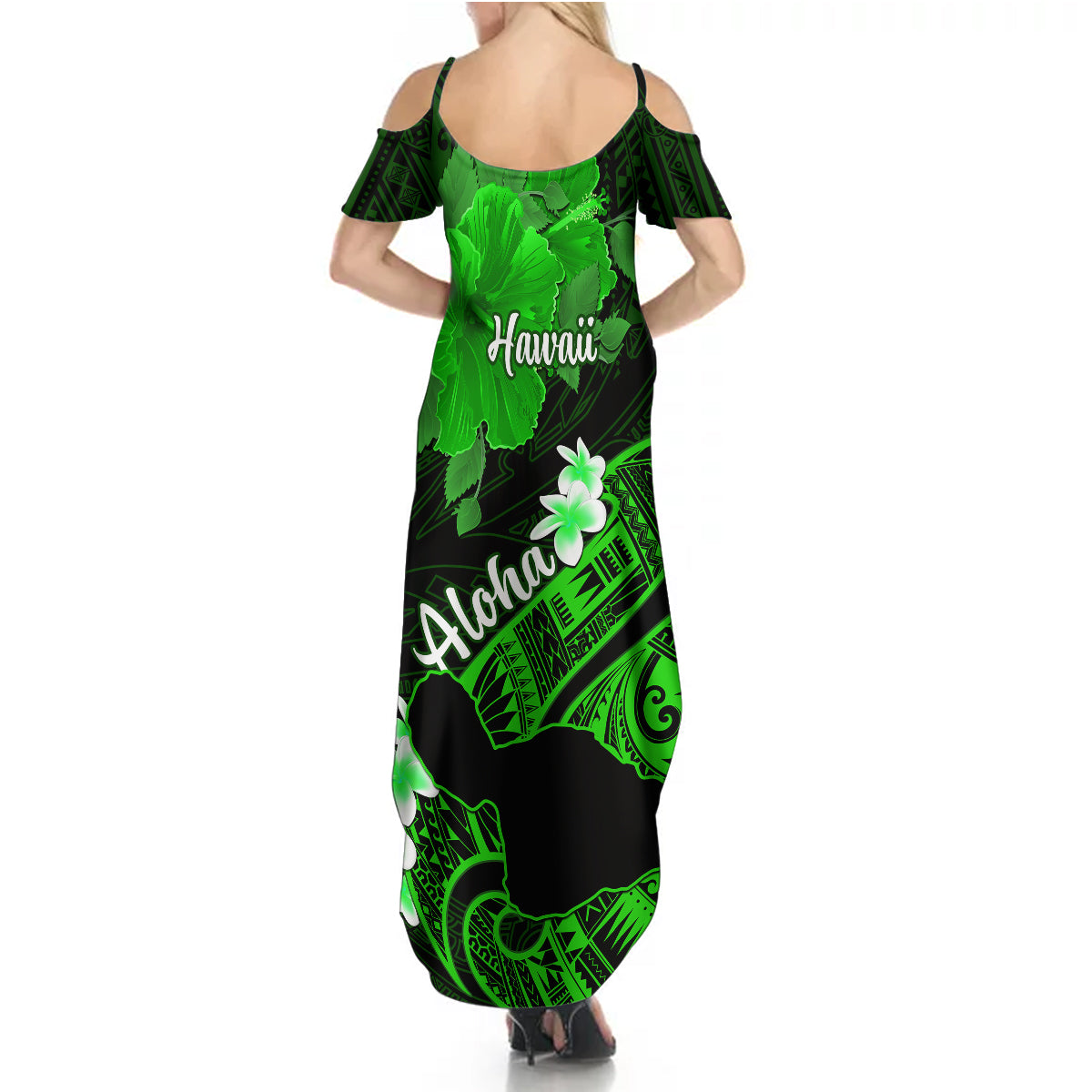 Hawaii Maui Summer Maxi Dress Polynesian Fish Hook Hibiscus Green Version LT05 - Polynesian Pride
