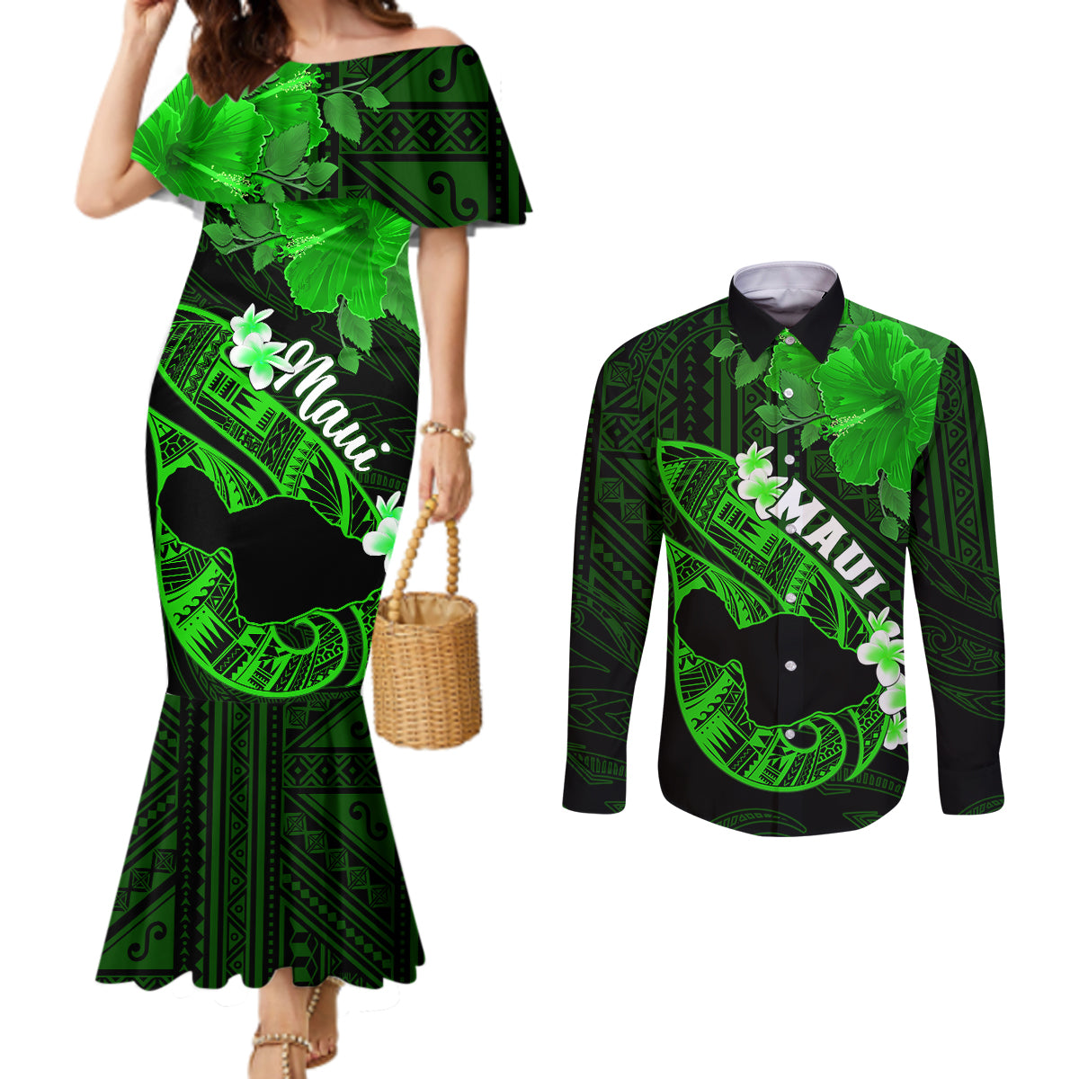 Personalized Hawaii Maui Couples Matching Mermaid Dress and Long Sleeve Button Shirts Polynesian Fish Hook Hibiscus Green Version LT05 Green - Polynesian Pride
