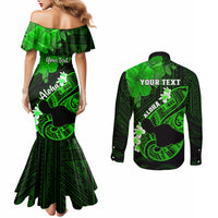 Personalized Hawaii Maui Couples Matching Mermaid Dress and Long Sleeve Button Shirts Polynesian Fish Hook Hibiscus Green Version LT05 - Polynesian Pride