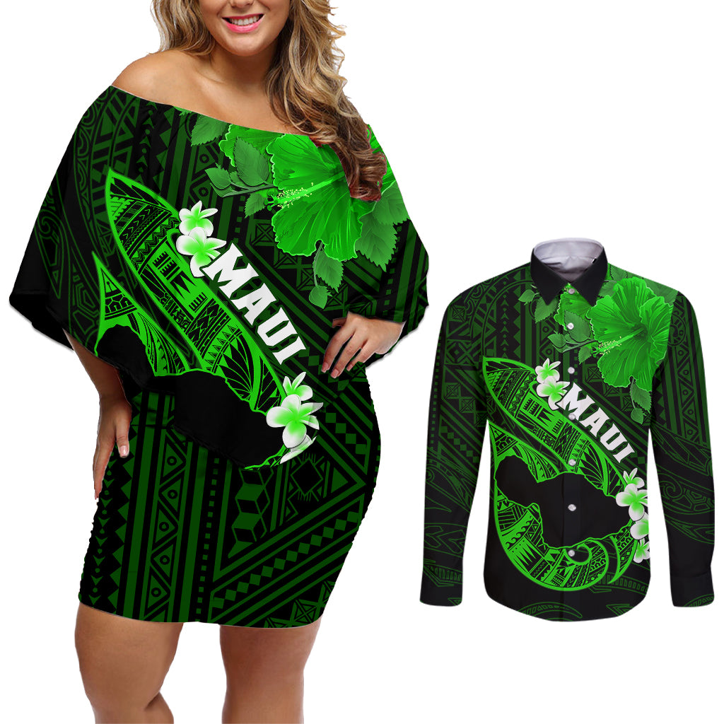 Personalized Hawaii Maui Couples Matching Off Shoulder Short Dress and Long Sleeve Button Shirts Polynesian Fish Hook Hibiscus Green Version LT05 Green - Polynesian Pride