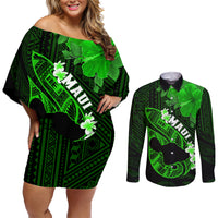 Personalized Hawaii Maui Couples Matching Off Shoulder Short Dress and Long Sleeve Button Shirts Polynesian Fish Hook Hibiscus Green Version LT05 Green - Polynesian Pride