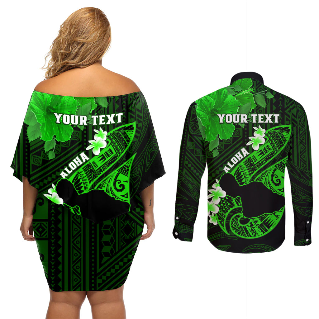 Personalized Hawaii Maui Couples Matching Off Shoulder Short Dress and Long Sleeve Button Shirts Polynesian Fish Hook Hibiscus Green Version LT05 - Polynesian Pride