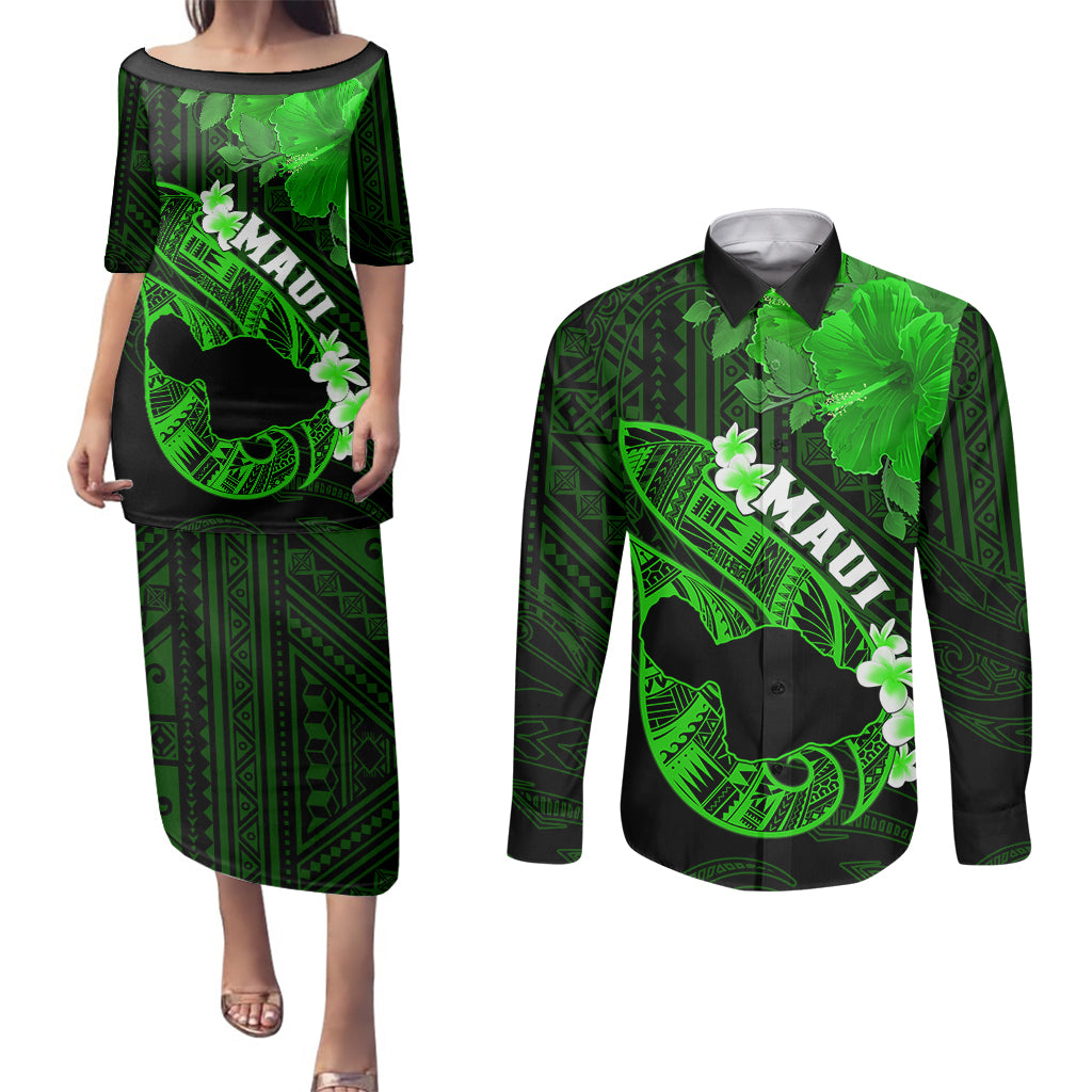 Personalized Hawaii Maui Couples Matching Puletasi Dress and Long Sleeve Button Shirts Polynesian Fish Hook Hibiscus Green Version LT05 Green - Polynesian Pride