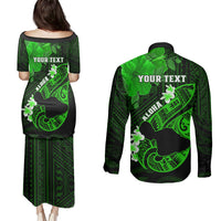 Personalized Hawaii Maui Couples Matching Puletasi Dress and Long Sleeve Button Shirts Polynesian Fish Hook Hibiscus Green Version LT05 - Polynesian Pride