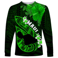 Personalized Hawaii Maui Long Sleeve Shirt Polynesian Fish Hook Hibiscus Green Version LT05 Unisex Green - Polynesian Pride