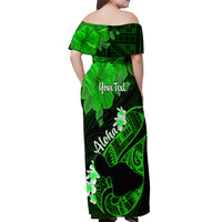Personalized Hawaii Maui Off Shoulder Maxi Dress Polynesian Fish Hook Hibiscus Green Version LT05 - Polynesian Pride