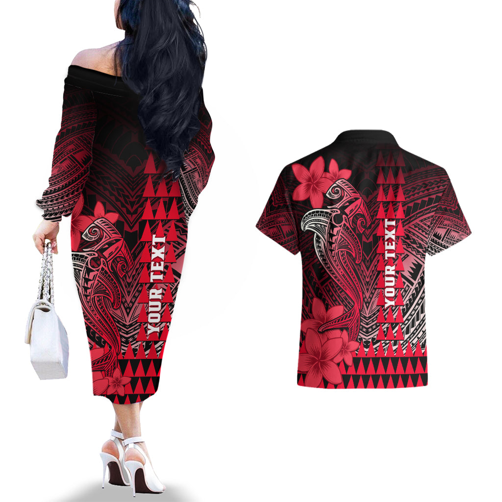 Personalized Hawaii Couples Matching Off The Shoulder Long Sleeve Dress and Hawaiian Shirt Hammerhead Shark Kakau Polynesian Tribal Red LT05 - Polynesian Pride