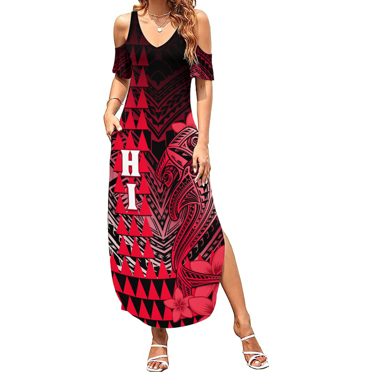 Personalized Hawaii Summer Maxi Dress Hammerhead Shark Kakau Polynesian Tribal Red LT05 Women Red - Polynesian Pride