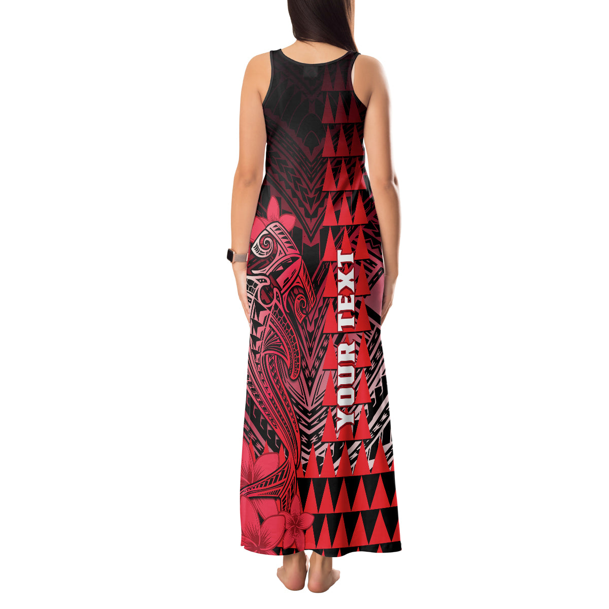 Personalized Hawaii Tank Maxi Dress Hammerhead Shark Kakau Polynesian Tribal Red LT05 - Polynesian Pride