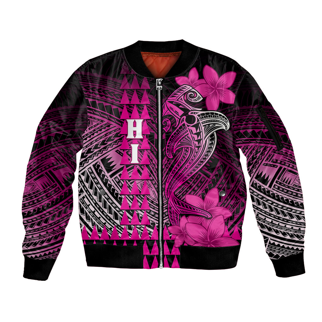 Personalized Hawaii Sleeve Zip Bomber Jacket Hammerhead Shark Kakau Polynesian Tribal Pink LT05 Unisex Pink - Polynesian Pride