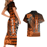 Personalized Hawaii Couples Matching Short Sleeve Bodycon Dress and Hawaiian Shirt Hammerhead Shark Kakau Polynesian Tribal Orange LT05 - Polynesian Pride