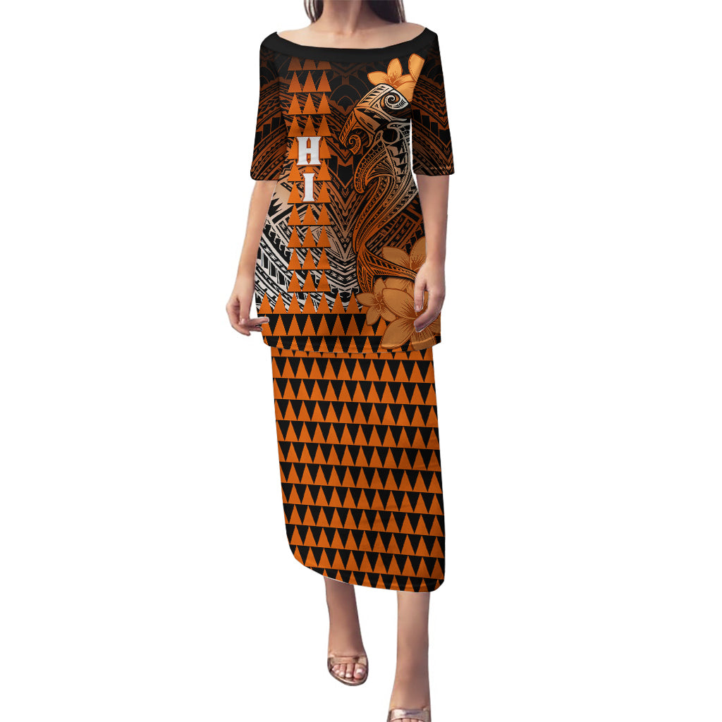 Personalized Hawaii Puletasi Hammerhead Shark Kakau Polynesian Tribal Orange LT05 Long Dress Orange - Polynesian Pride