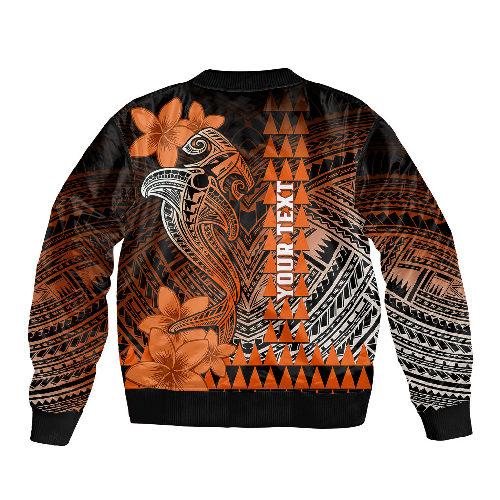 Personalized Hawaii Sleeve Zip Bomber Jacket Hammerhead Shark Kakau Polynesian Tribal Orange LT05 - Polynesian Pride