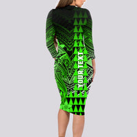 Personalized Hawaii Long Sleeve Bodycon Dress Hammerhead Shark Kakau Polynesian Tribal Green LT05 - Polynesian Pride