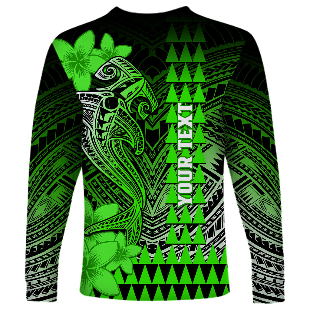 Personalized Hawaii Long Sleeve Shirt Hammerhead Shark Kakau Polynesian Tribal Green LT05 - Polynesian Pride
