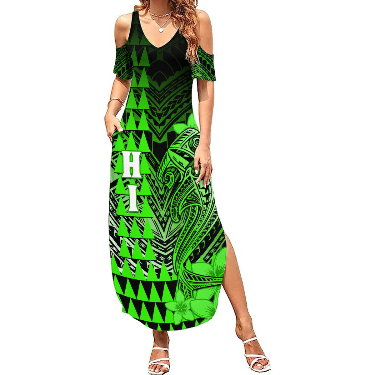 Personalized Hawaii Summer Maxi Dress Hammerhead Shark Kakau Polynesian Tribal Green LT05 Women Green - Polynesian Pride