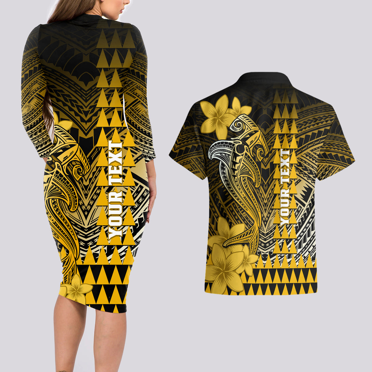Personalized Hawaii Couples Matching Long Sleeve Bodycon Dress and Hawaiian Shirt Hammerhead Shark Kakau Polynesian Tribal Gold LT05 - Polynesian Pride