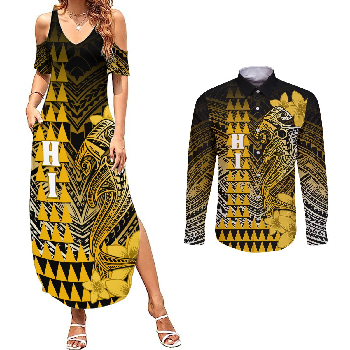 Personalized Hawaii Couples Matching Summer Maxi Dress and Long Sleeve Button Shirts Hammerhead Shark Kakau Polynesian Tribal Gold LT05 Gold - Polynesian Pride