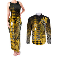 Personalized Hawaii Couples Matching Tank Maxi Dress and Long Sleeve Button Shirts Hammerhead Shark Kakau Polynesian Tribal Gold LT05 Gold - Polynesian Pride