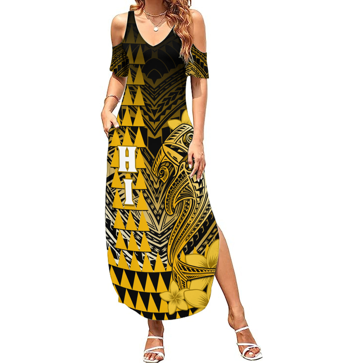 Personalized Hawaii Summer Maxi Dress Hammerhead Shark Kakau Polynesian Tribal Gold LT05 Women Gold - Polynesian Pride