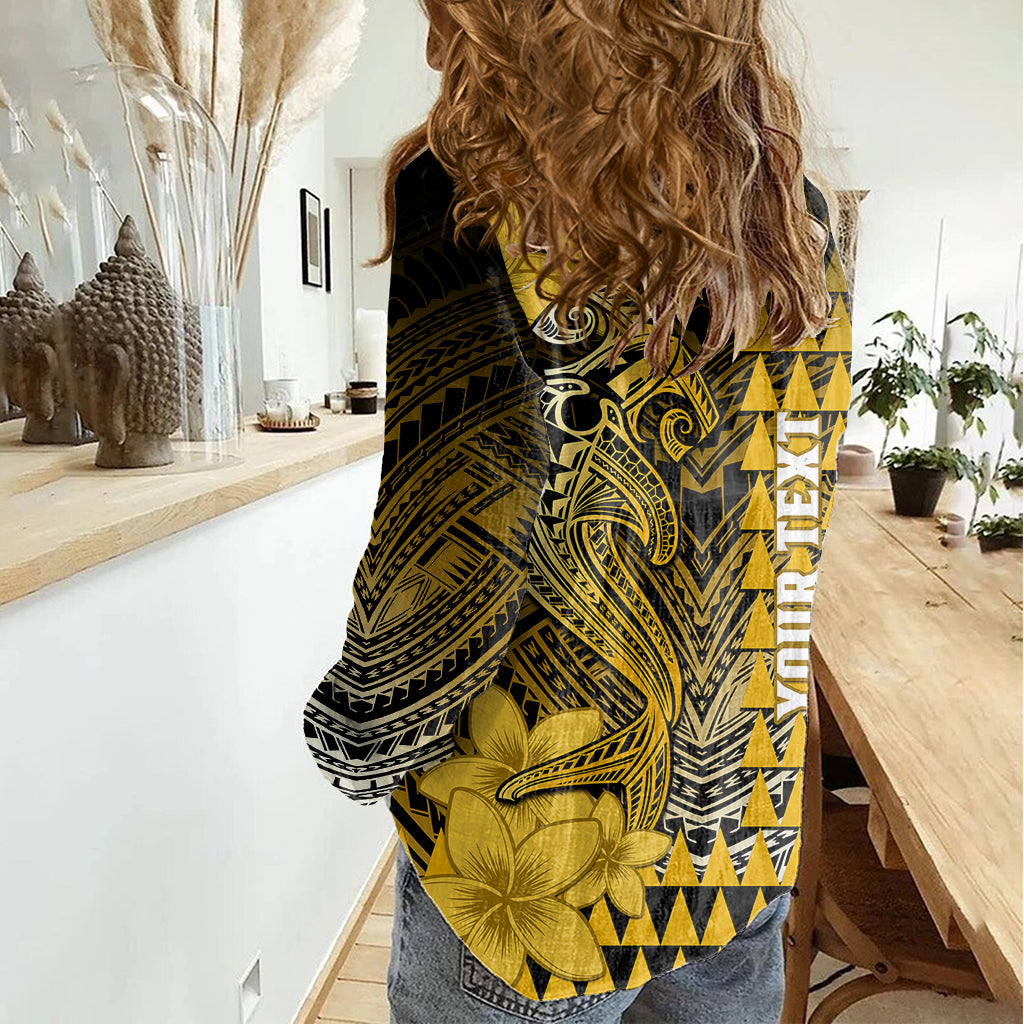 Personalized Hawaii Women Casual Shirt Hammerhead Shark Kakau Polynesian Tribal Gold LT05 - Polynesian Pride