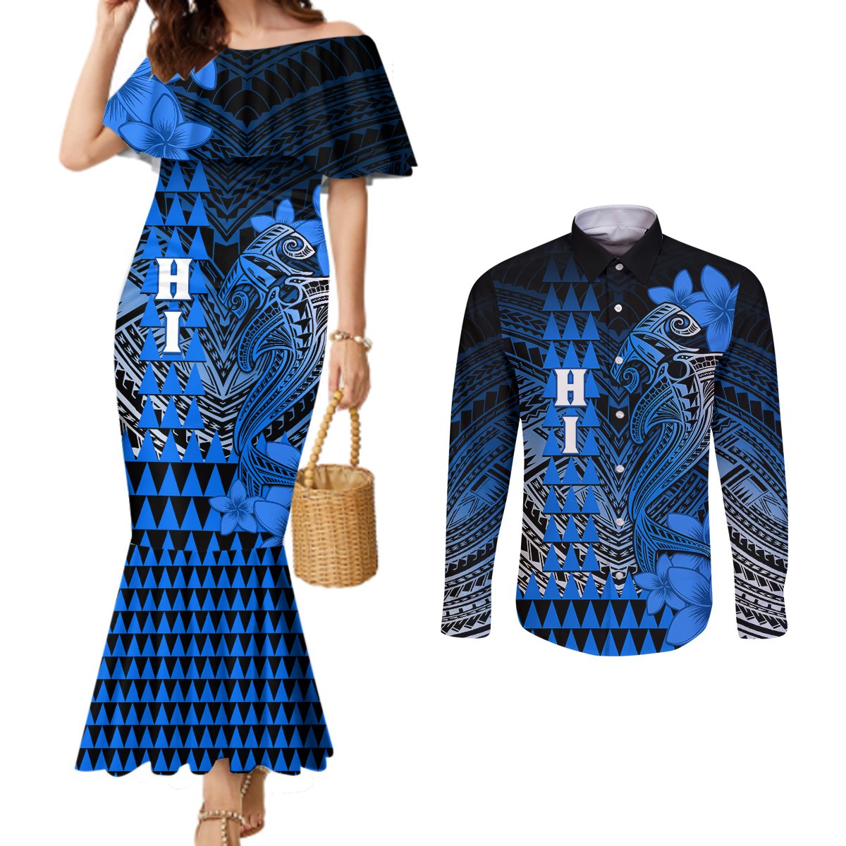 Personalized Hawaii Couples Matching Mermaid Dress and Long Sleeve Button Shirts Hammerhead Shark Kakau Polynesian Tribal Blue LT05 Blue - Polynesian Pride