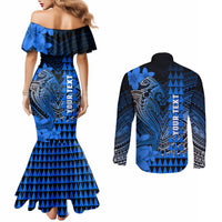 Personalized Hawaii Couples Matching Mermaid Dress and Long Sleeve Button Shirts Hammerhead Shark Kakau Polynesian Tribal Blue LT05 - Polynesian Pride