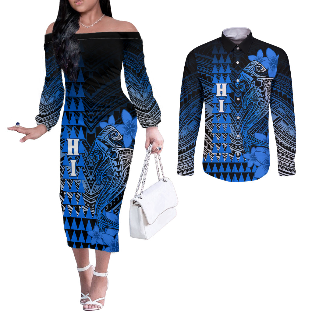 Personalized Hawaii Couples Matching Off The Shoulder Long Sleeve Dress and Long Sleeve Button Shirts Hammerhead Shark Kakau Polynesian Tribal Blue LT05 Blue - Polynesian Pride