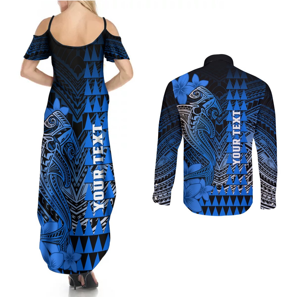 Personalized Hawaii Couples Matching Summer Maxi Dress and Long Sleeve Button Shirts Hammerhead Shark Kakau Polynesian Tribal Blue LT05 - Polynesian Pride