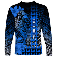 Personalized Hawaii Long Sleeve Shirt Hammerhead Shark Kakau Polynesian Tribal Blue LT05 - Polynesian Pride