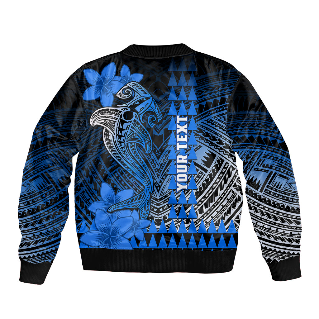 Personalized Hawaii Sleeve Zip Bomber Jacket Hammerhead Shark Kakau Polynesian Tribal Blue LT05 - Polynesian Pride
