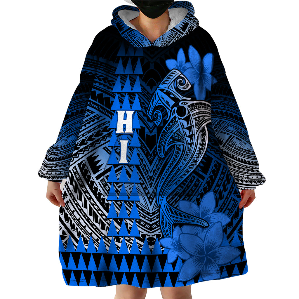 Personalized Hawaii Wearable Blanket Hoodie Hammerhead Shark Kakau Polynesian Tribal Blue LT05 - Polynesian Pride