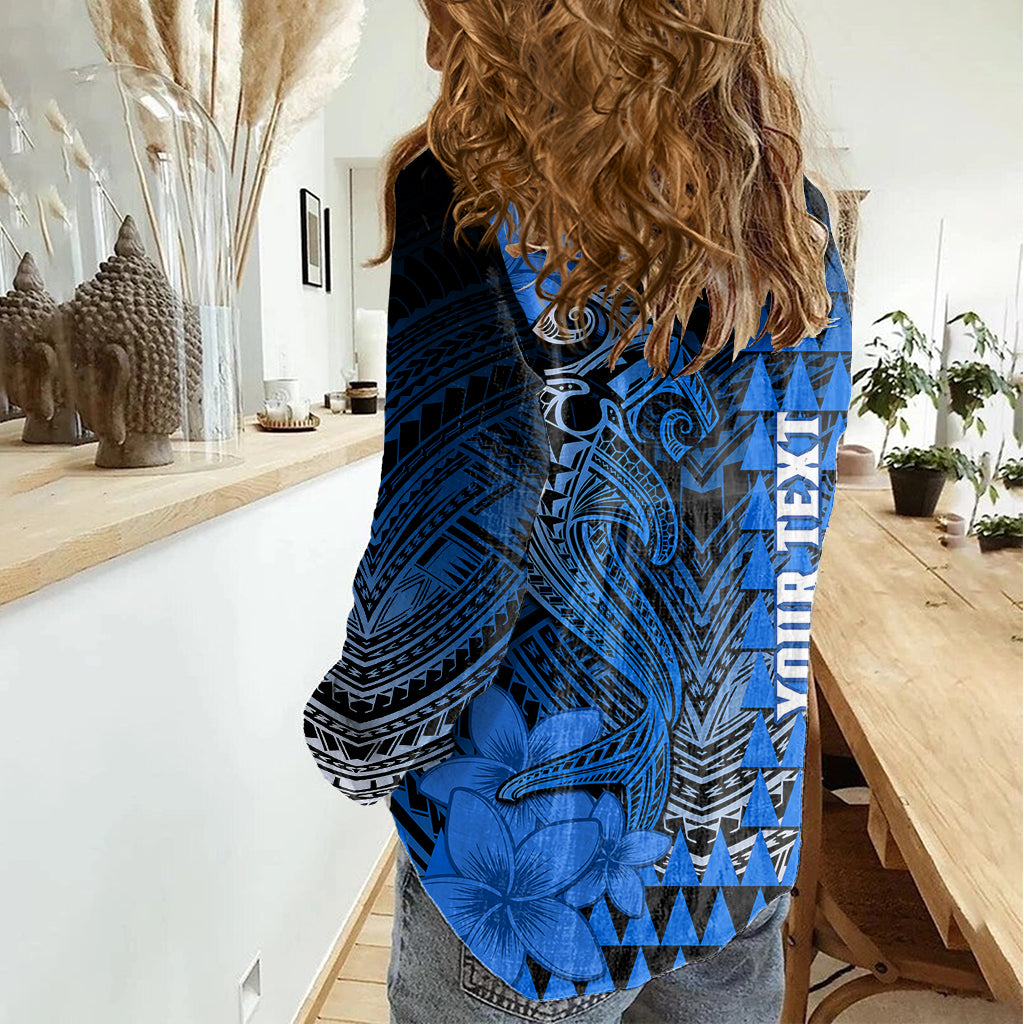 Personalized Hawaii Women Casual Shirt Hammerhead Shark Kakau Polynesian Tribal Blue LT05 - Polynesian Pride