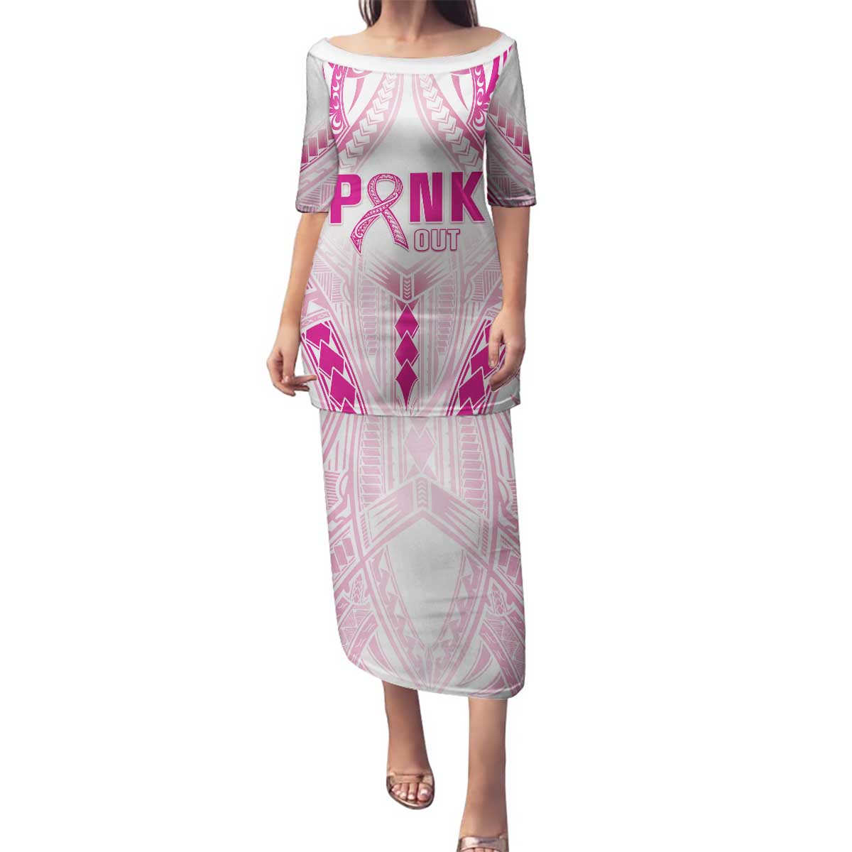 Breast Cancer Pink Out Family Matching Puletasi and Hawaiian Shirt Polynesian Art Tattoo White Version